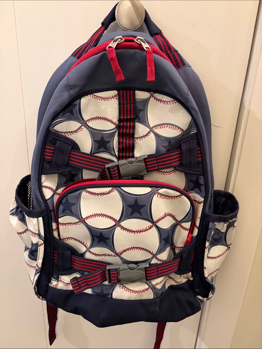 Pottery Barn Kids Baseball Print Backpack in Navy, Red & White- glow in the dark